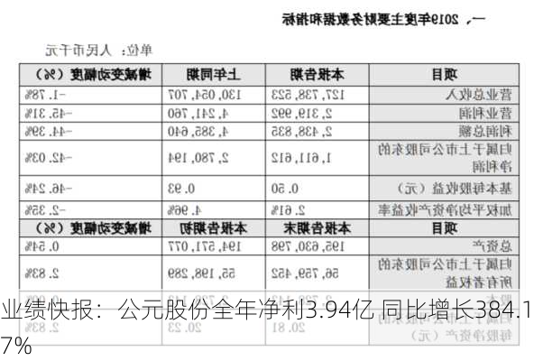 业绩快报：公元股份全年净利3.94亿 同比增长384.17%-第2张图片-