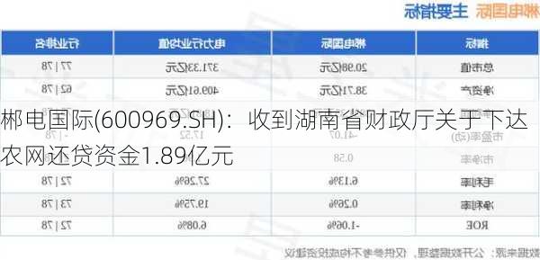 郴电国际(600969.SH)：收到湖南省财政厅关于下达农网还贷资金1.89亿元-第1张图片-