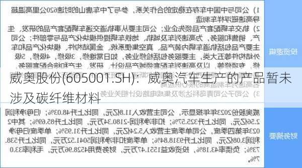 威奥股份(605001.SH)：威奥汽车生产的产品暂未涉及碳纤维材料