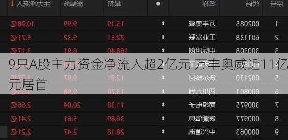 9只A股主力资金净流入超2亿元 万丰奥威近11亿元居首-第1张图片-