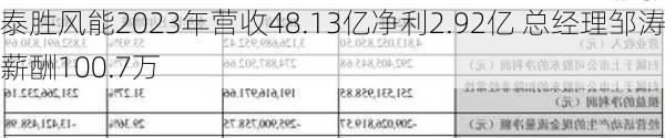 泰胜风能2023年营收48.13亿净利2.92亿 总经理邹涛薪酬100.7万