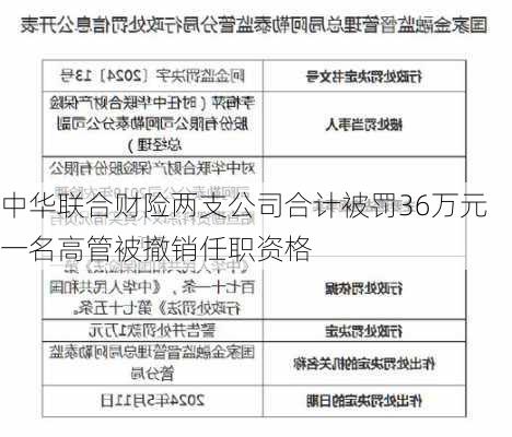 中华联合财险两支公司合计被罚36万元 一名高管被撤销任职资格-第1张图片-