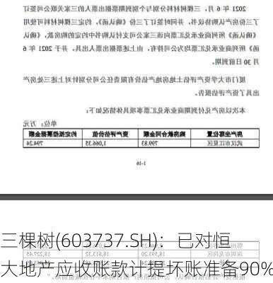 三棵树(603737.SH)：已对恒大地产应收账款计提坏账准备90%-第1张图片-