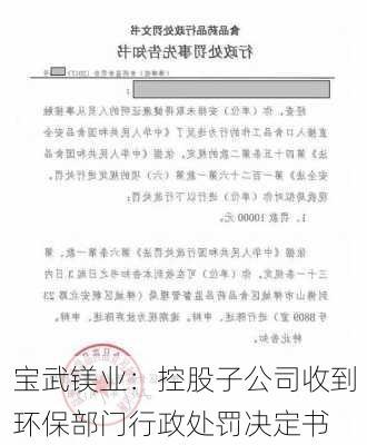 宝武镁业：控股子公司收到环保部门行政处罚决定书-第1张图片-