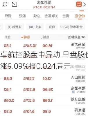 卓航控股盘中异动 早盘股价大涨9.09%报0.024港元-第3张图片-