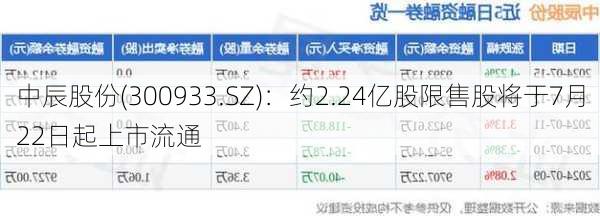 中辰股份(300933.SZ)：约2.24亿股限售股将于7月22日起上市流通