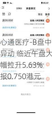 心通医疗-B盘中异动 临近午盘大幅拉升5.63%报0.750港元-第2张图片-