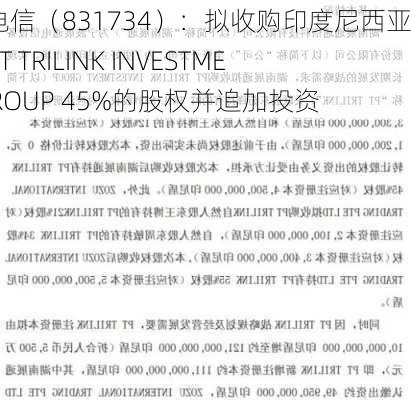 展通电信（831734）：拟收购印度尼西亚公司PT TRILINK INVESTMENT GROUP 45%的股权并追加投资-第1张图片-