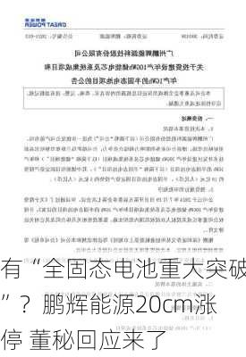 有“全固态电池重大突破”？鹏辉能源20cm涨停 董秘回应来了-第1张图片-