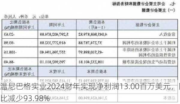 温尼巴格实业2024财年实现净利润13.00百万美元，同比减少93.98%-第1张图片-